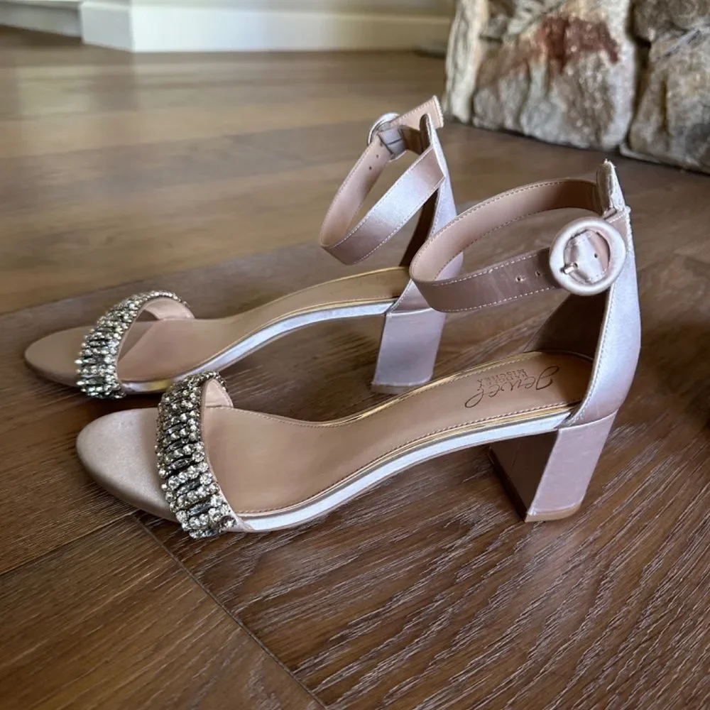 JEWEL BADGLEY MISCHKA James Block Heel Sandal Champagne Satin Rhinestone 9